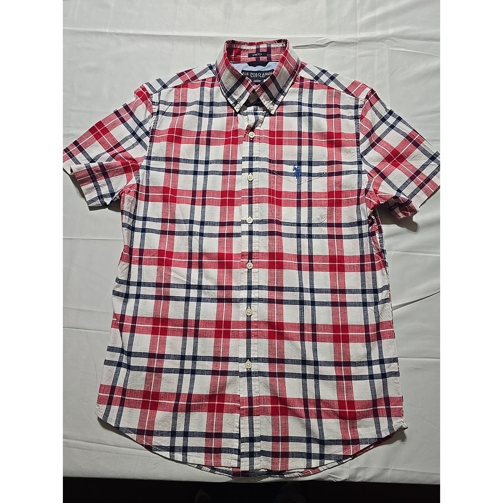 US Polo Assn Mens Small Red Blue Plaid Button Down Short Sleeve Shirt
